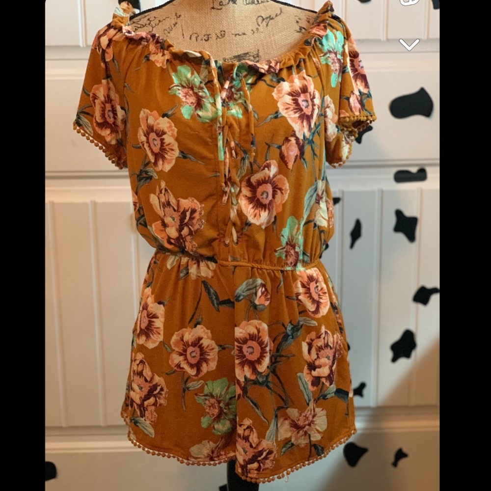 short romper, orange, floral design